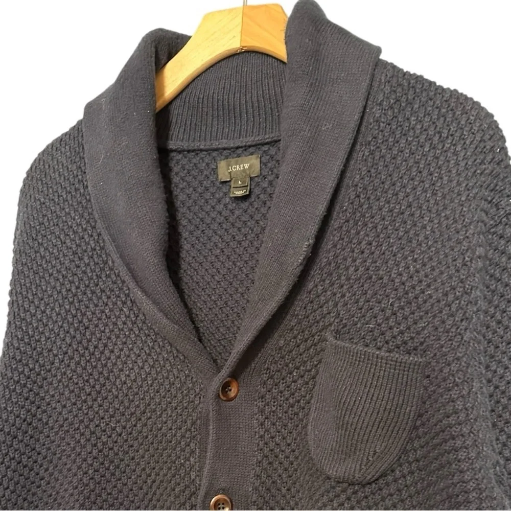 J. Crew Men’s L Navy Blue Cotton Checkered Stitch Shawl Neck Sweater Cardigan